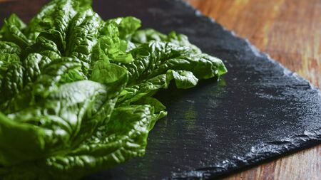 Healthy vegan food concept: close-up backlight of freshly picked green spinach leaves placed on a...