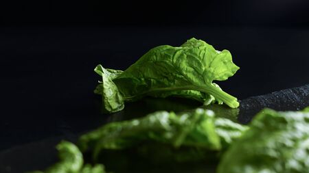 Healthy vegan food concept: close-up backlight of freshly picked green spinach leaves placed on a...