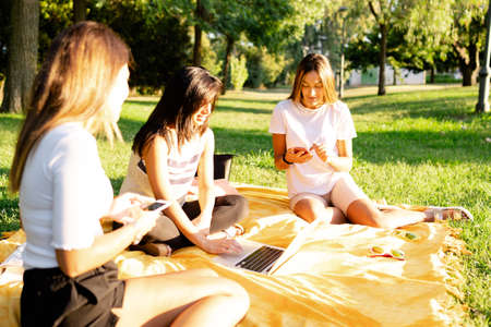 Three beautiful young female caucasian friends sitting on the grass at the park in the morning using smartphone - New technology habits of people - Using internet outdoor to smart workingの写真素材
