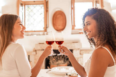 Charme, beauty and happiness: multiracial young women couple toasting with red wine looking in the eyes each other with bright sun entering the house through the open windows illuminating the roomの写真素材