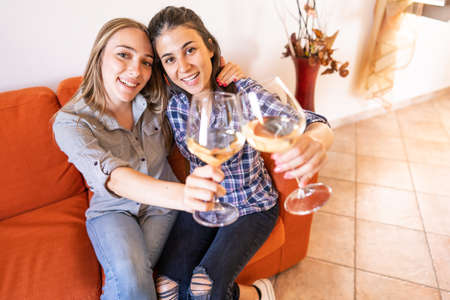 Two happy lesbian girls toasting with champagne on sofa looking at camera celebrating freedom of choice and living together in new modern family concept against sexism and social differencesの写真素材