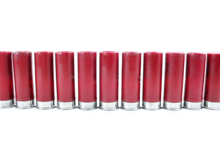 A line of red shotgun shells isolated on a white background.