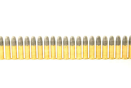 A line of 22 calibre bullets isolated against a white background.