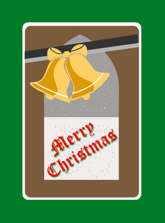 Christmas bells in window with snow and wishの写真素材