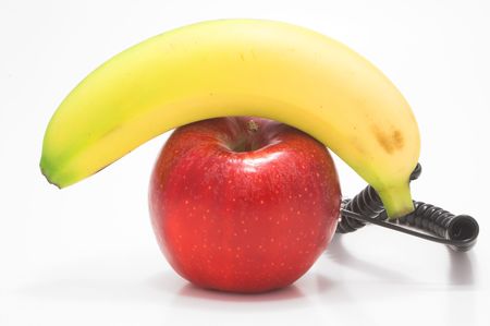 A telephone made from an apple and a banana.の写真素材