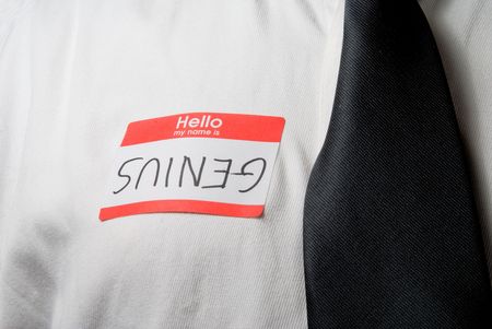 A name tag saying hello my name is suineg (genius).