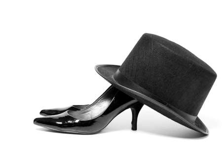 A pair of womens high heel shoes and a top hatの写真素材