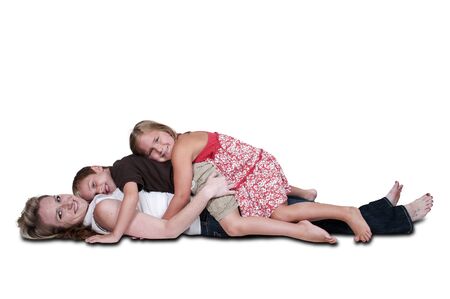 Single mom and her son and daughterの写真素材