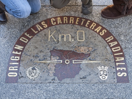 MADRID, SPAIN - DECEMBER 8  Kilometre zero sign on December 8, 2012 in Madrid, Spain  The sign in on the pavement on Puerta del Sol square  It is a starting point for measuring distance in Spain のeditorial素材