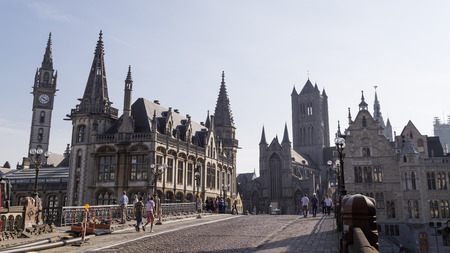 GHENT, BELGIUM - SEPTEMBER 18, 2014: View of historical center of Gent with picturesque medieval gabled houses along canal. Ghent is a city and a municipality located in the Flemish region of Belgium.のeditorial素材