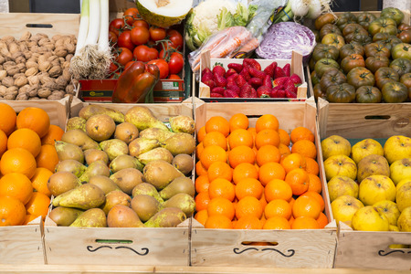 fruit stand in wooden boxesのeditorial素材