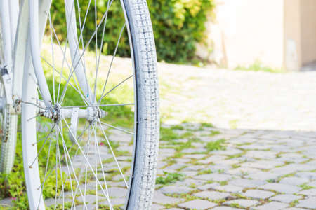 Flowers and a white bicycle on a street corner. Detail. Close up. Vintage bikeの写真素材