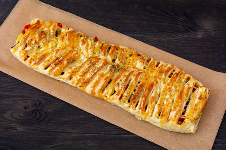 roasted poultry with vegetables and mushrooms in puff pastry