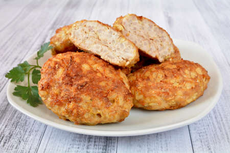 minced cutlets with rice and cabbageの写真素材