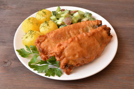 fish fillet fried with potatoes and salad