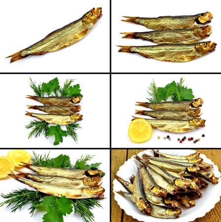 smoked sprat on a white plate and white backgroundの写真素材