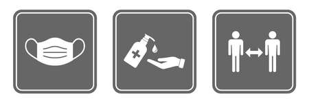 character set: hand disinfection, wearing a mask and keeping distanceのイラスト素材