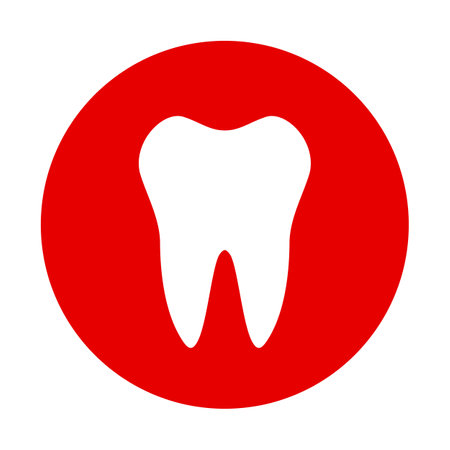 Tooth sign illustration. White icon on red circle. Isolated.のイラスト素材
