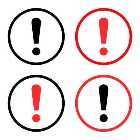 Exclamation mark sign icon. Attention caution symbol. Hazard warning attention sign. Red circle, white background. Vector illustration.のイラスト素材