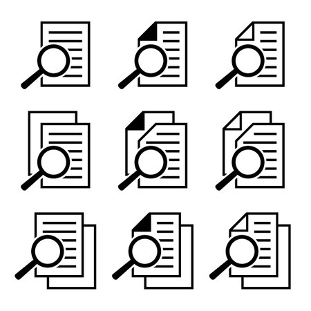 document and magnifier icon set, document and magnifying glass iconsのイラスト素材