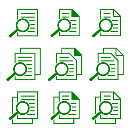 document and magnifier icons set, green theme vector art illustration.のイラスト素材