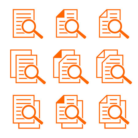 document and magnifier icons, orange contour symbols, vector illustrationのイラスト素材