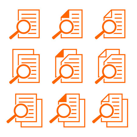 document and magnifying glass icons, orange contour on white backgroundのイラスト素材