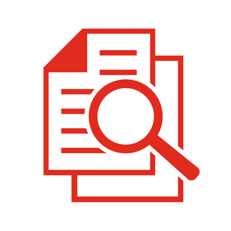 Document and magnifier icon. Vector illustration. Red on white background.のイラスト素材