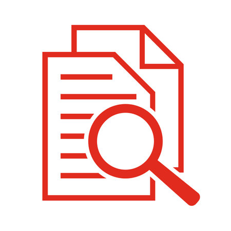 Document and magnifier icon. Vector illustration. Red on white background.のイラスト素材