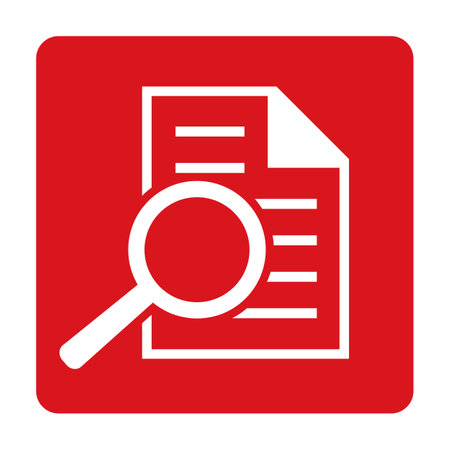 Document and magnifier icon on red flat button. Vector illustration.のイラスト素材