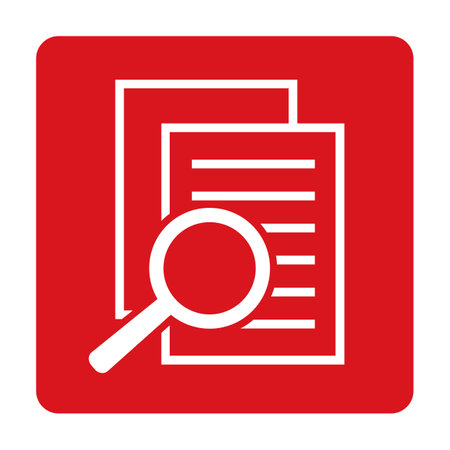 Document with magnifier icon on red flat button. Vector illustration.のイラスト素材