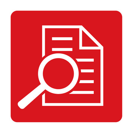 Document with magnifying glass icon on red button. Vector illustration.のイラスト素材
