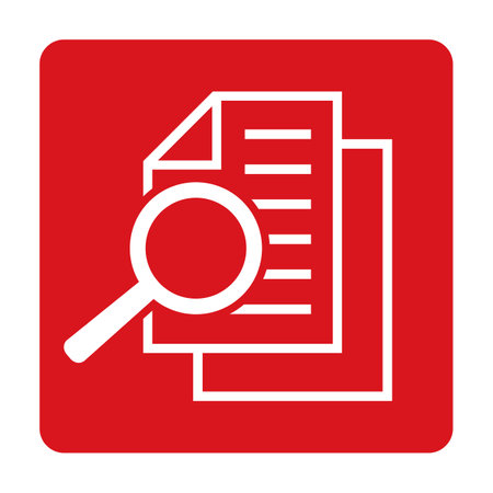 Document with magnifier icon on red flat button. Vector illustration.のイラスト素材