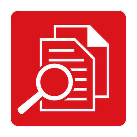 Document with magnifier icon on red flat button. Vector illustration.のイラスト素材
