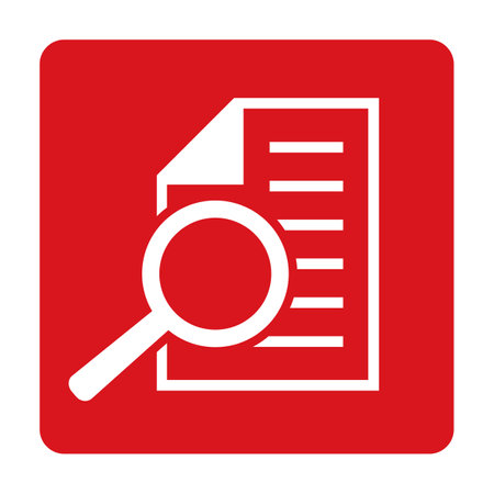 Document with magnifier icon on red flat button. Vector illustration.のイラスト素材