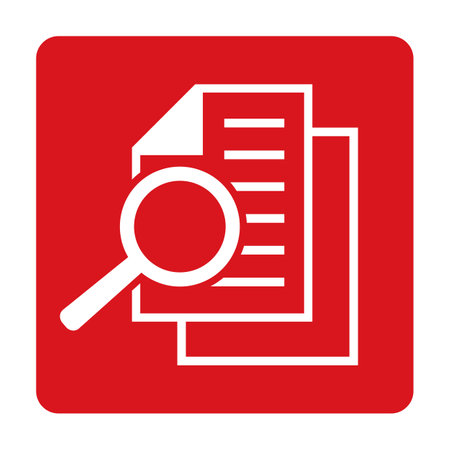 Document and magnifier icon on red flat button. Vector illustration.のイラスト素材