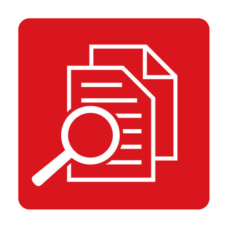 Document and magnifier icon on red flat button. Vector illustration.のイラスト素材