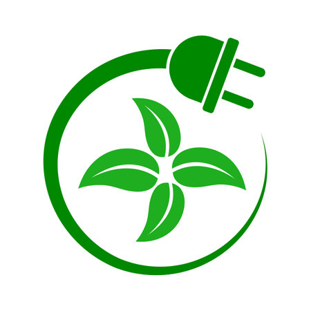 Green eco power plug with leaves. Vector illustration. Flat design.のイラスト素材