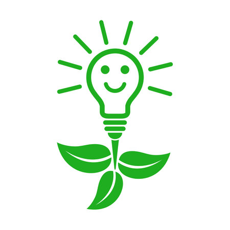 Green eco lightbulb with leaves and smiley face. Vector illustration.のイラスト素材