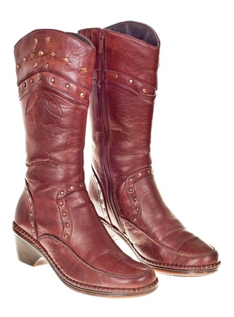 Brown leather ladies shoes isolated on whiteの写真素材