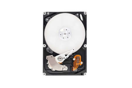 Opened hard drive on white backgroundの写真素材