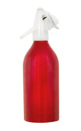 Red siphon. Metal bulb. Preparation of soda water. Isolated on a white background.の写真素材