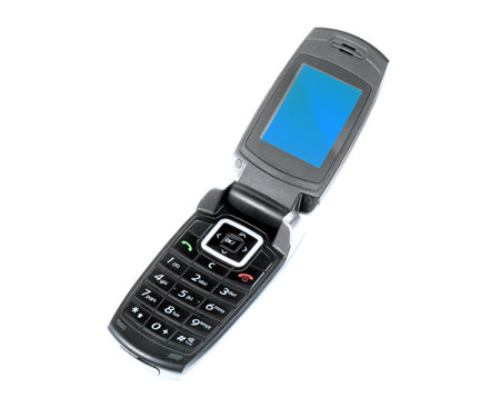 Cell phone, upright, isolated on a white backgroundの写真素材