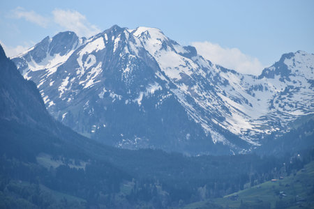 View to the wonderful snow covered alps in Switzerland seen from Eschen in Liechtenstein 24.4.2020の写真素材