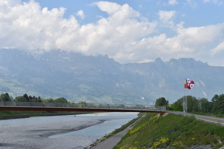 View over the rhine river at the border between Switzerland and Liechtenstein 27.4.2020の写真素材