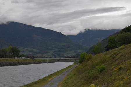 View over the rhine river at the border between Switzerland and Liechtenstein 30.4.2020の写真素材