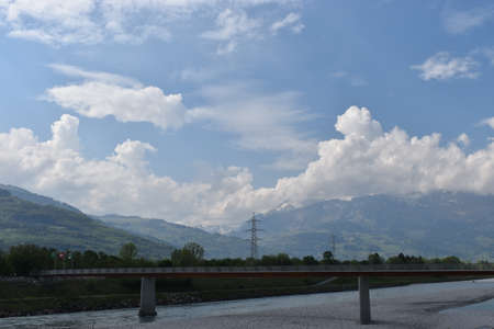 View over the rhine river at the border between Switzerland and Liechtenstein 27.4.2020の写真素材