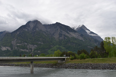 View over the rhine river at the border between Switzerland and Liechtenstein 30.4.2020の写真素材