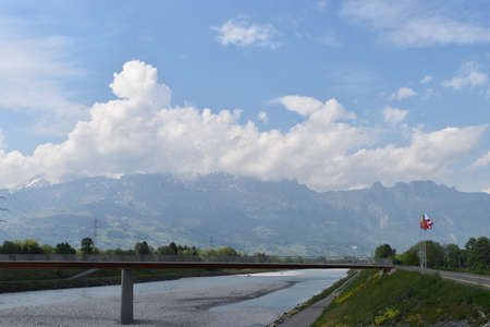 View over the rhine river at the border between Switzerland and Liechtenstein 27.4.2020の写真素材