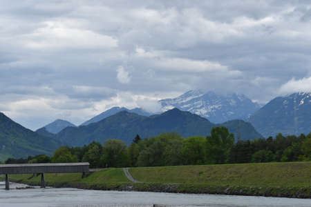 View over the rhine river at the border between Switzerland and Liechtenstein 30.4.2020の写真素材